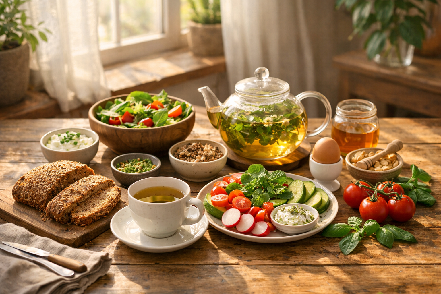 A peaceful breakfast table with fresh vegetables, whole grain bread, herbal tea, and morning light streaming through window, natural wellness lifestyle photography