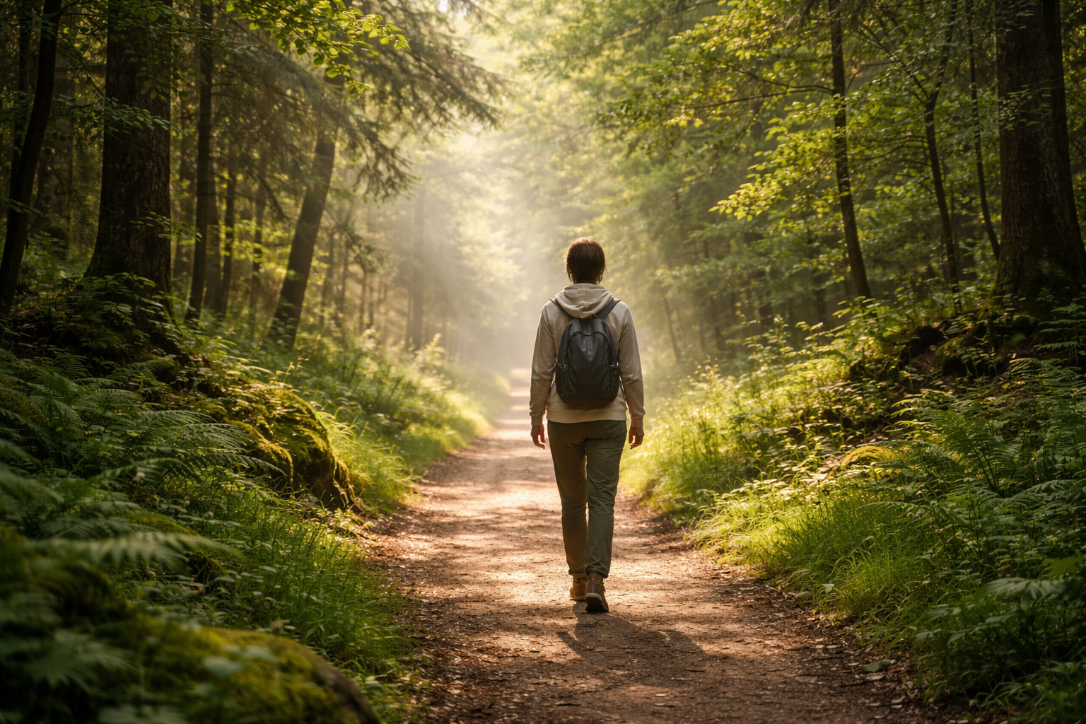 Person walking on a peaceful forest path surrounded by green trees and soft natural light, wellness lifestyle outdoor activity